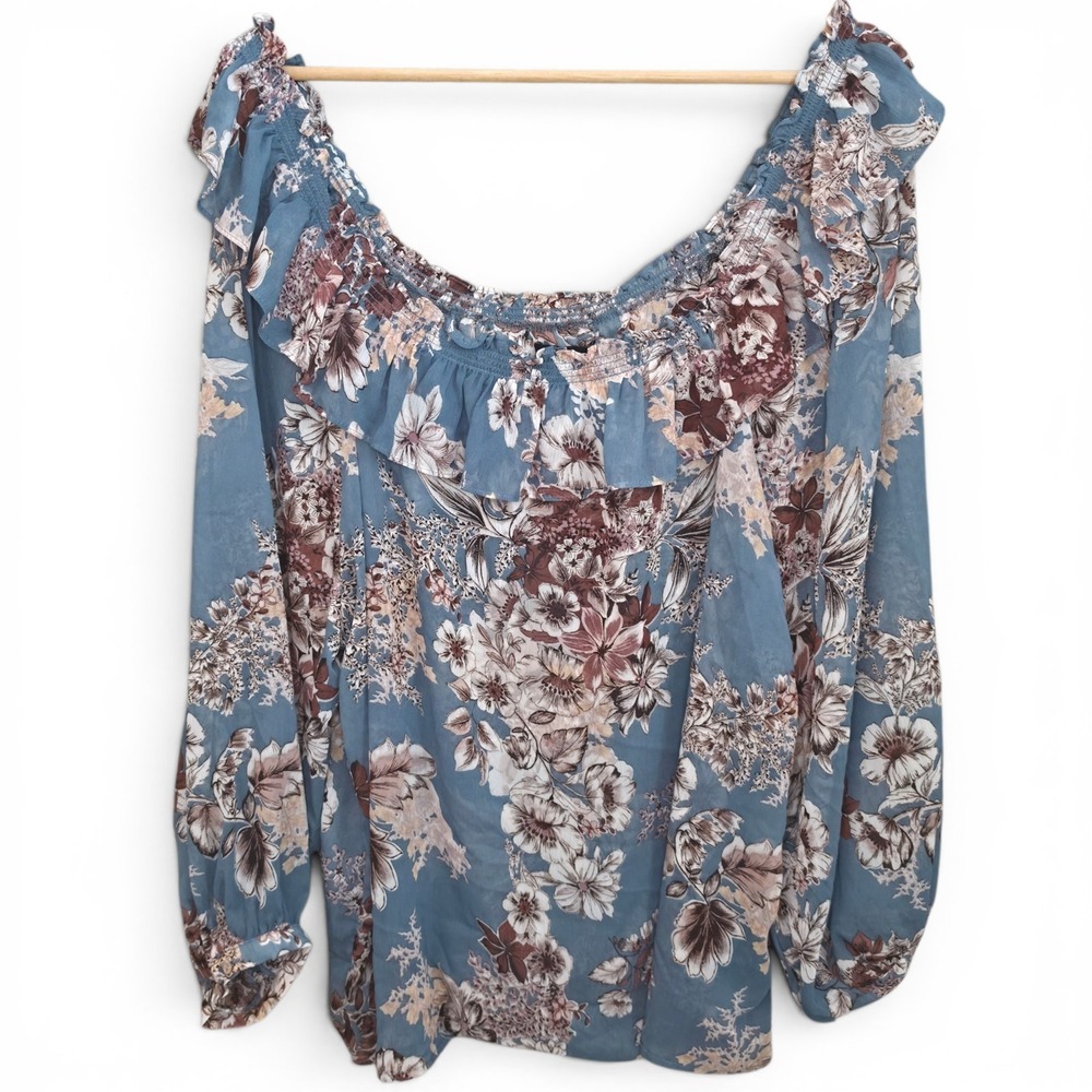 Torrid Top Womens 2 US Plus 2X Blue Crinkle Chiffon‎ Off Shoulder Blouse Sheer